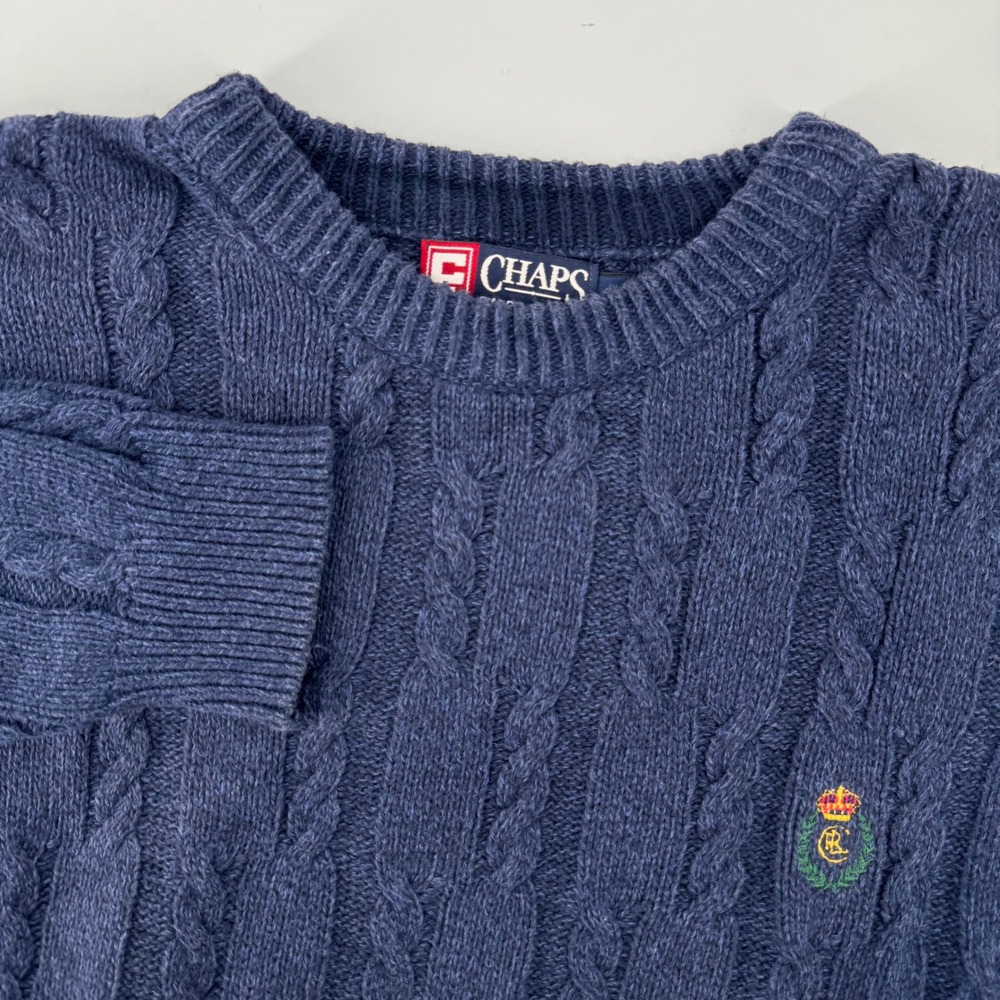 Chaps Ralph Lauren Sweater Mens M Navy Blue Cable Knit Crest Logo Vintage USA